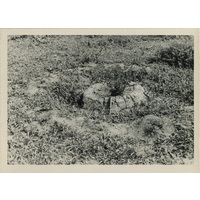 Negative of photograph of hearth at the uMgungundlovu excavation (back view)